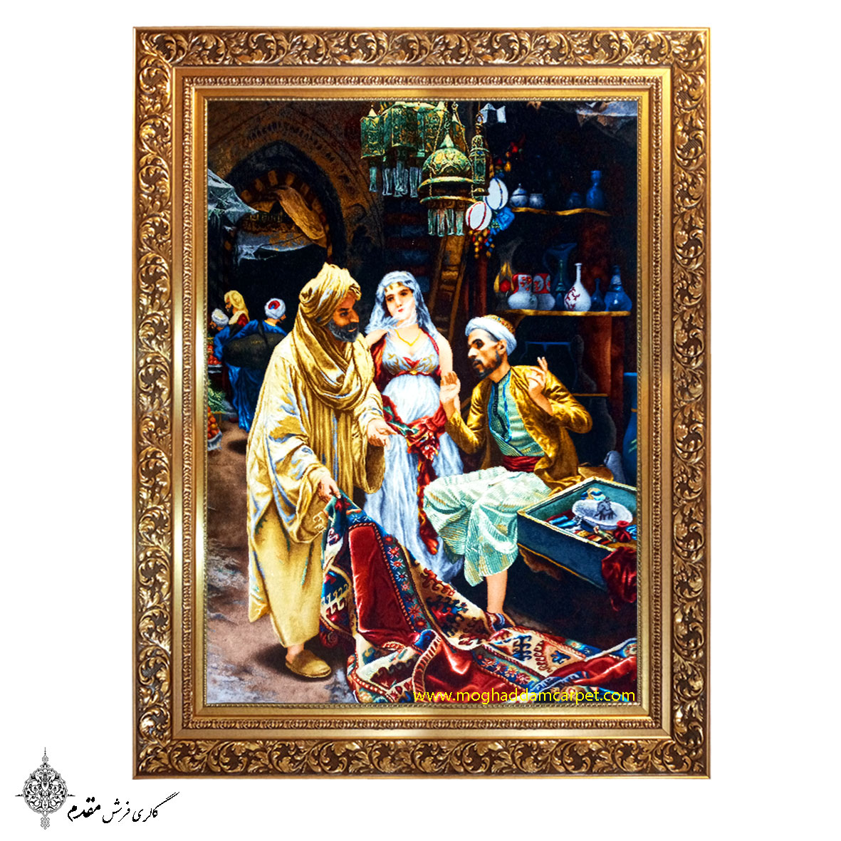 تابلو فرش دستباف نفیس ایرانی طرح بازار قالی فروشان تبریز ابریشمی - Fine hand-knotted Tabriz silk pictorial Persian carpet depicting local bazaar